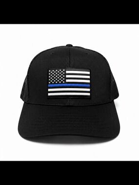 Black Trucker hat with Thin Blue Line Flag Patch